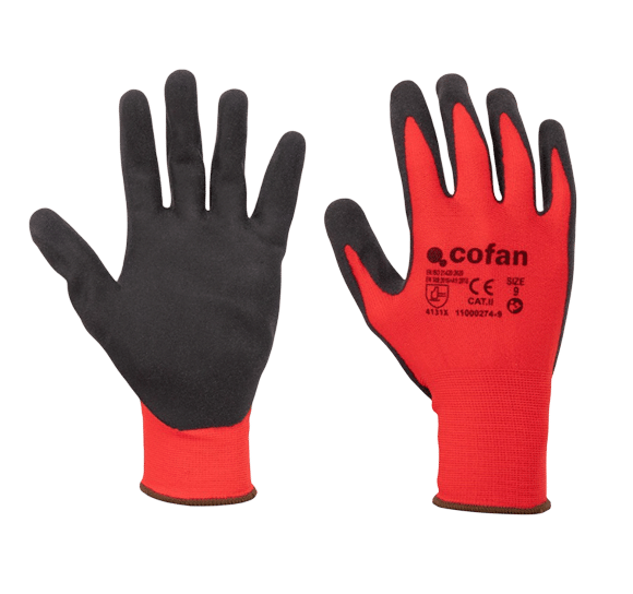 Guantes impregnados de nitrilo modelo Sandy Coating de COFÁN para agarre en manipulación de aceites.